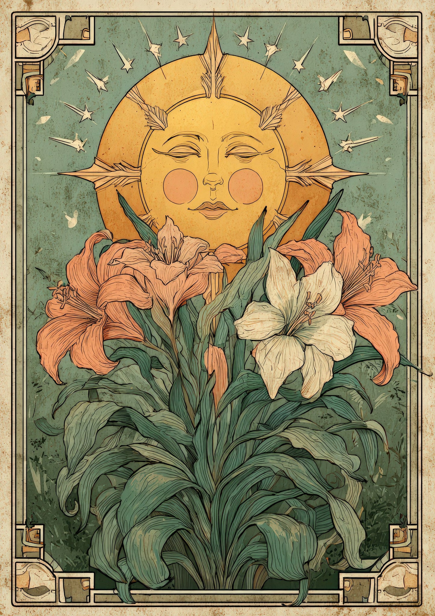 Sun Face Print, Art Nouveau Celestial Wall Art