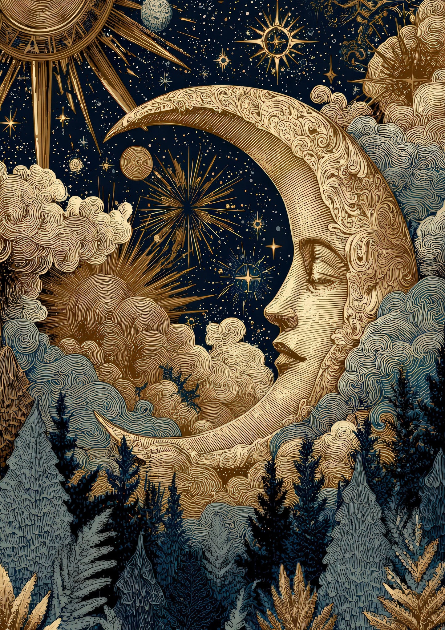 Crescent Moon Print, Celestial Art Nouveau Wall Art