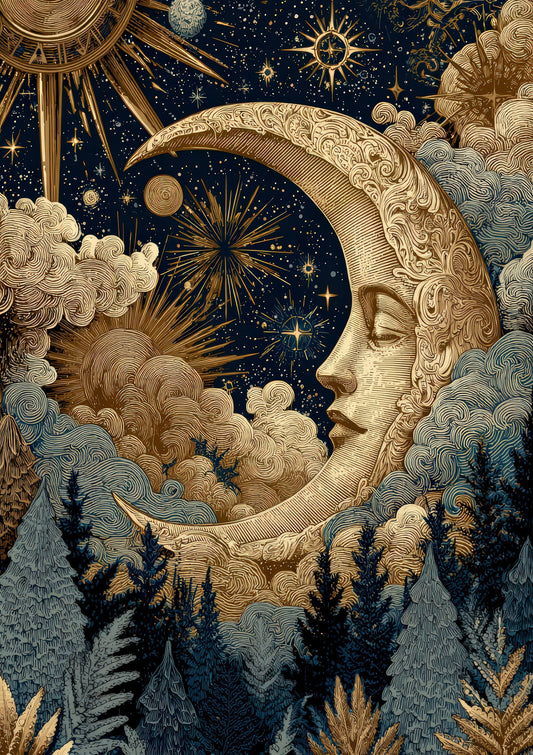 Crescent Moon Print, Celestial Art Nouveau Wall Art