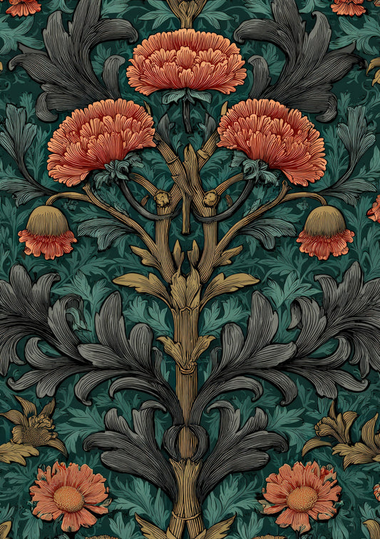 Red Floral Tapestry Print, William Morris Style Wall Art