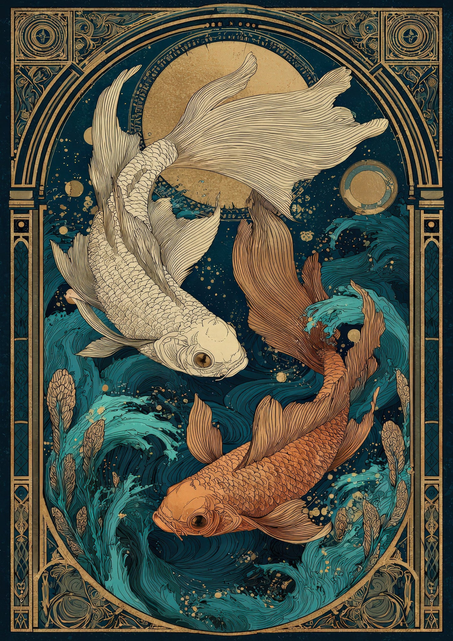 Koi Fish Print, Teal Art Nouveau Wall Art