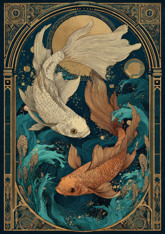 Koi Fish Print, Teal Art Nouveau Wall Art