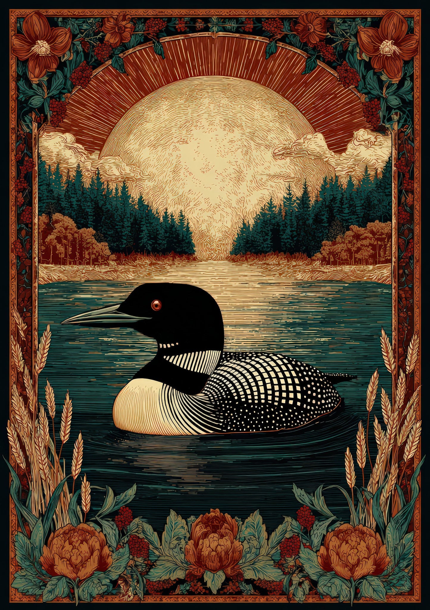 Loon and Sunset Print, Folk Lake Wall Art