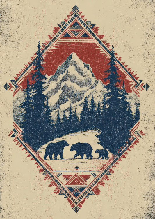 Mountain and Bears Print, Folk Wall Art