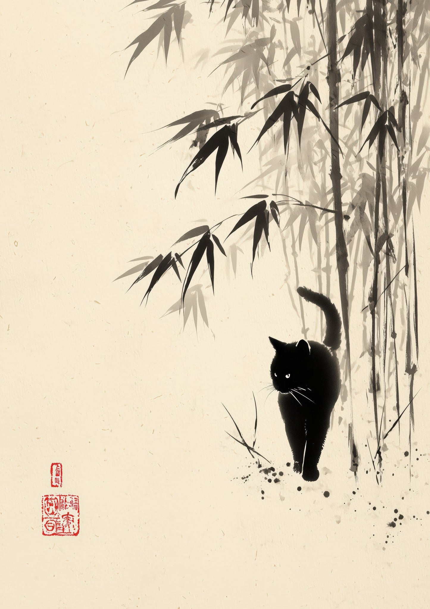 Cat and Bamboo Print, Japanese Ink Wall Art