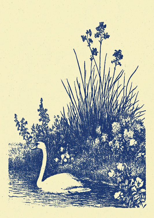 Swan Print, Blue Vintage Botanical Wall Art
