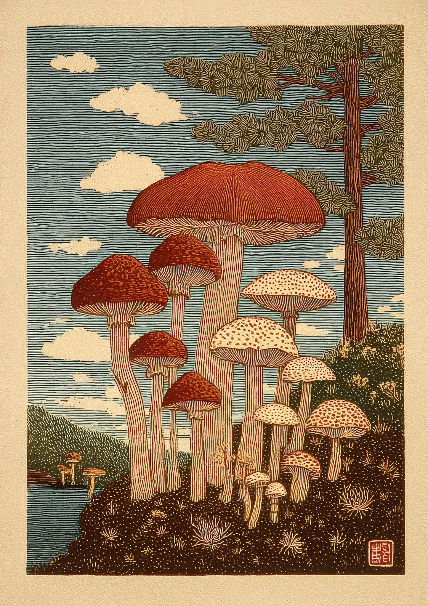 Mushrooms and Pines Print, Japanese Botanical Wall Art