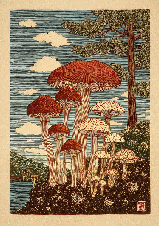 Mushrooms and Pines Print, Japanese Botanical Wall Art