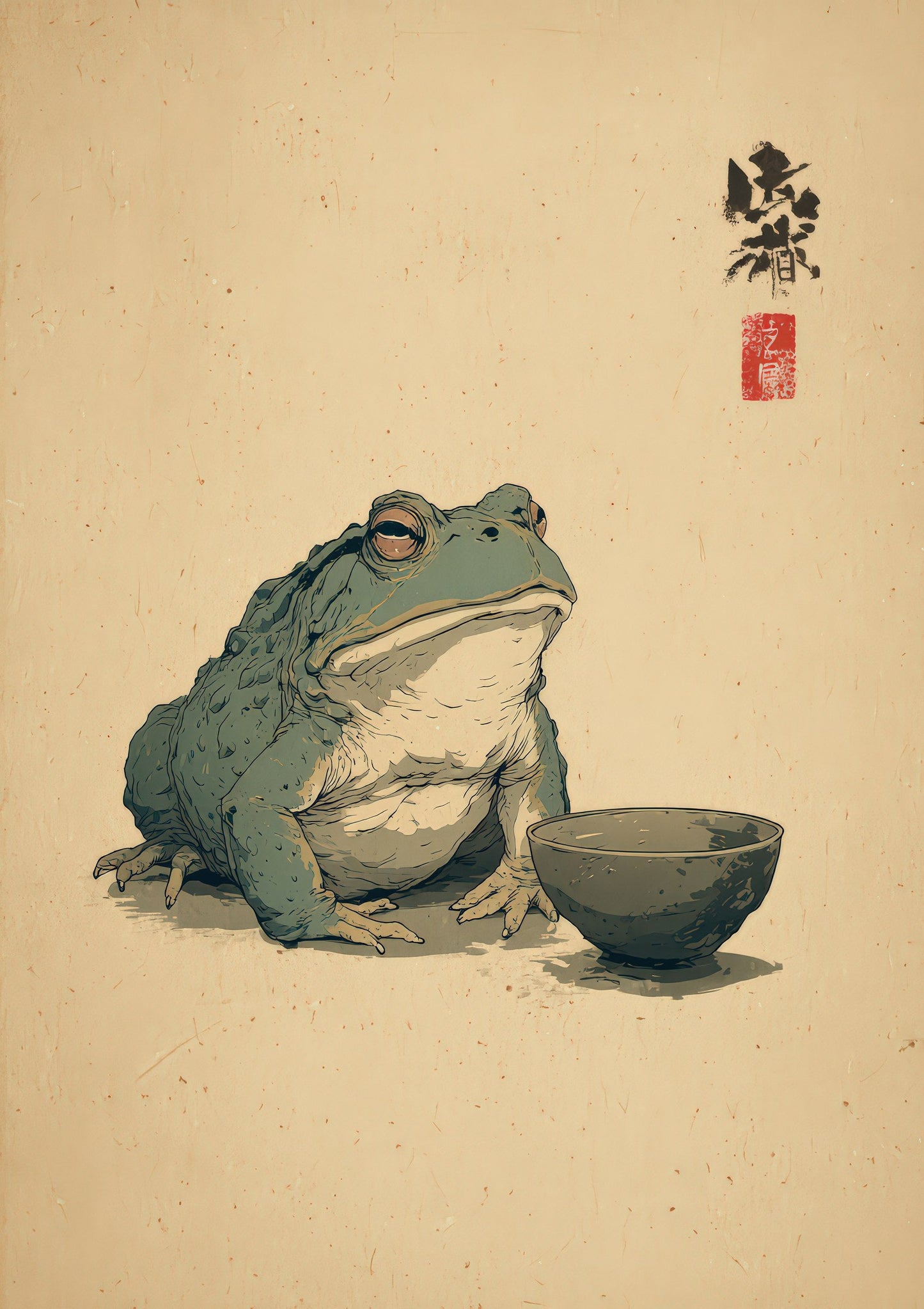 Frog and Teacup Print, Japanese Ink Wall Art