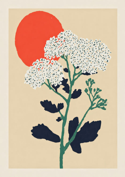 White Flower and Sun Print, Folk Botanical Wall Art