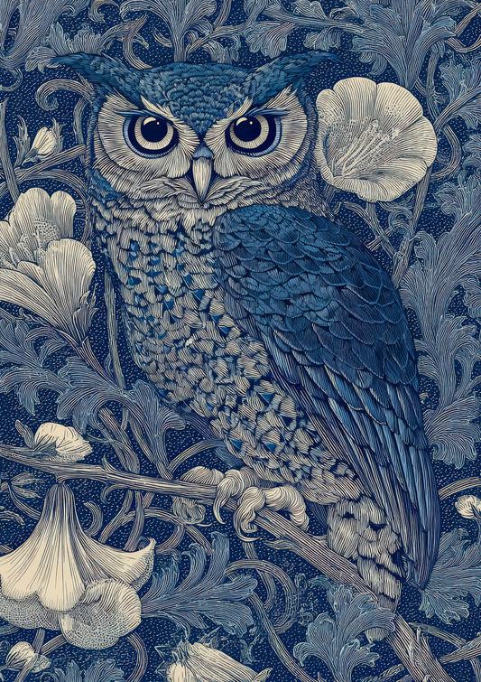 Owl Print, Blue William Morris Style Wall Art