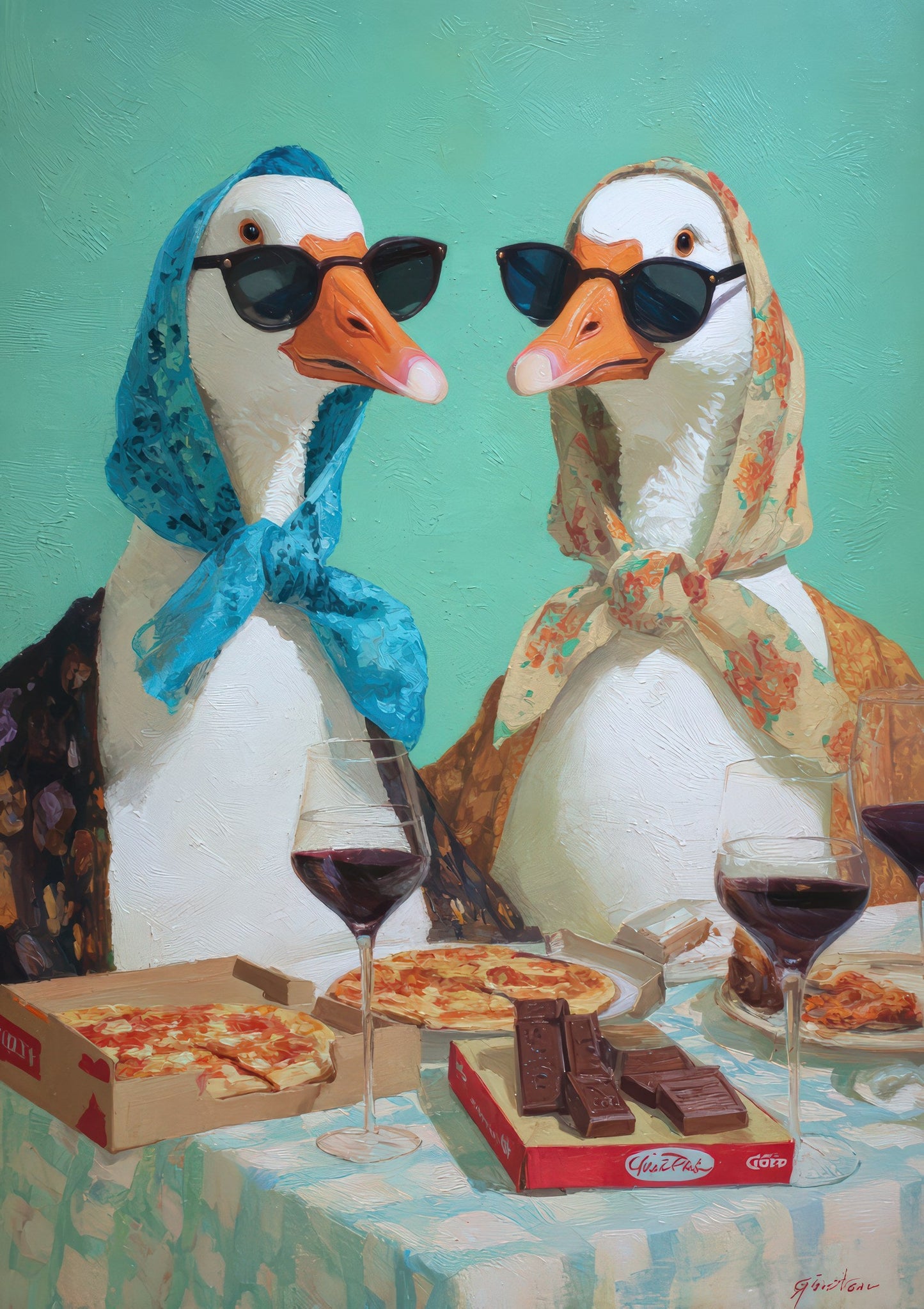 Geese with Wine and Pizza Print, Funny Wall Art