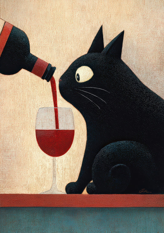 Cat Pouring Wine Print, Funny Kitchen Wall Art