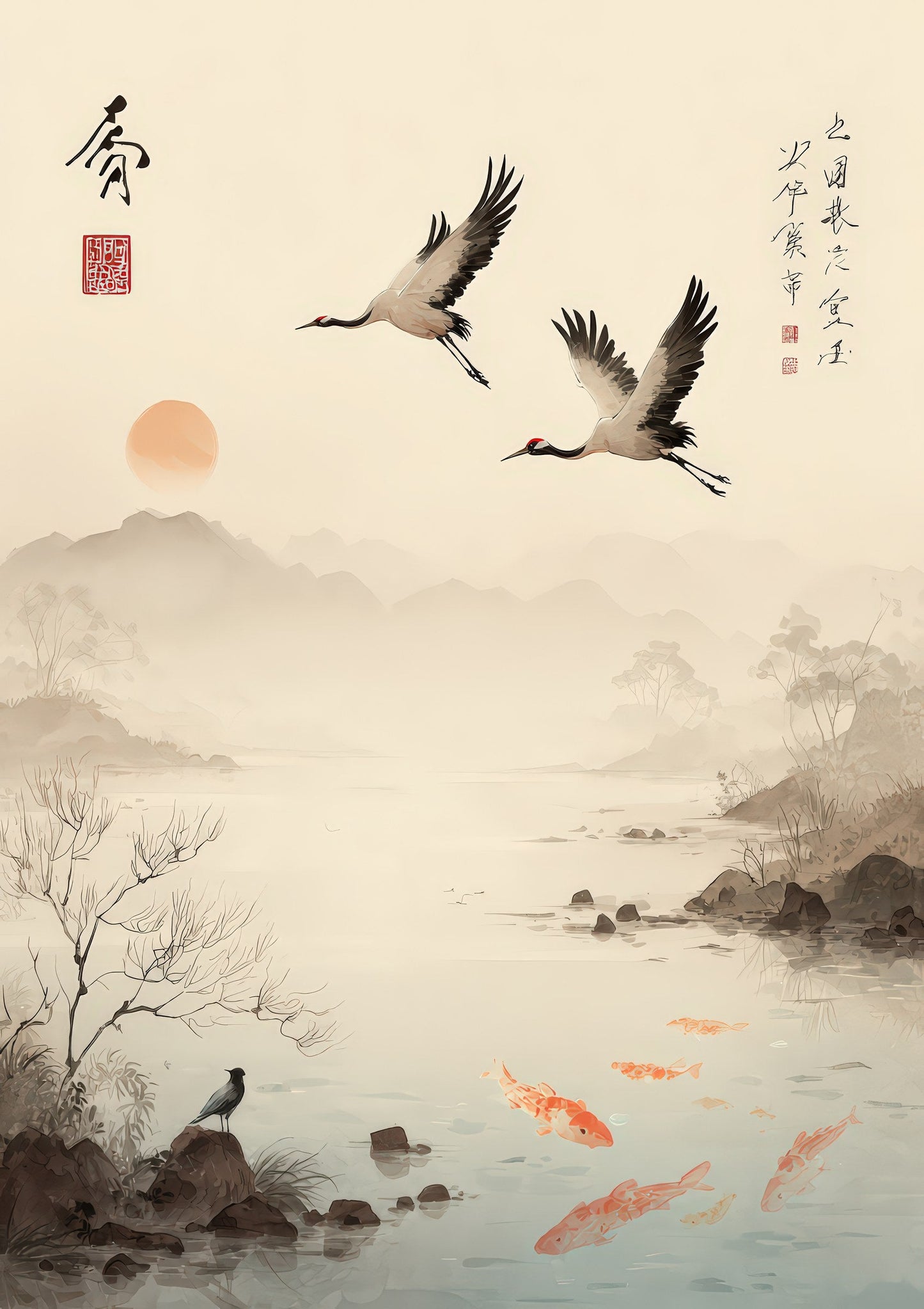 Cranes Over Water Print, Japanese Ink Wall Art
