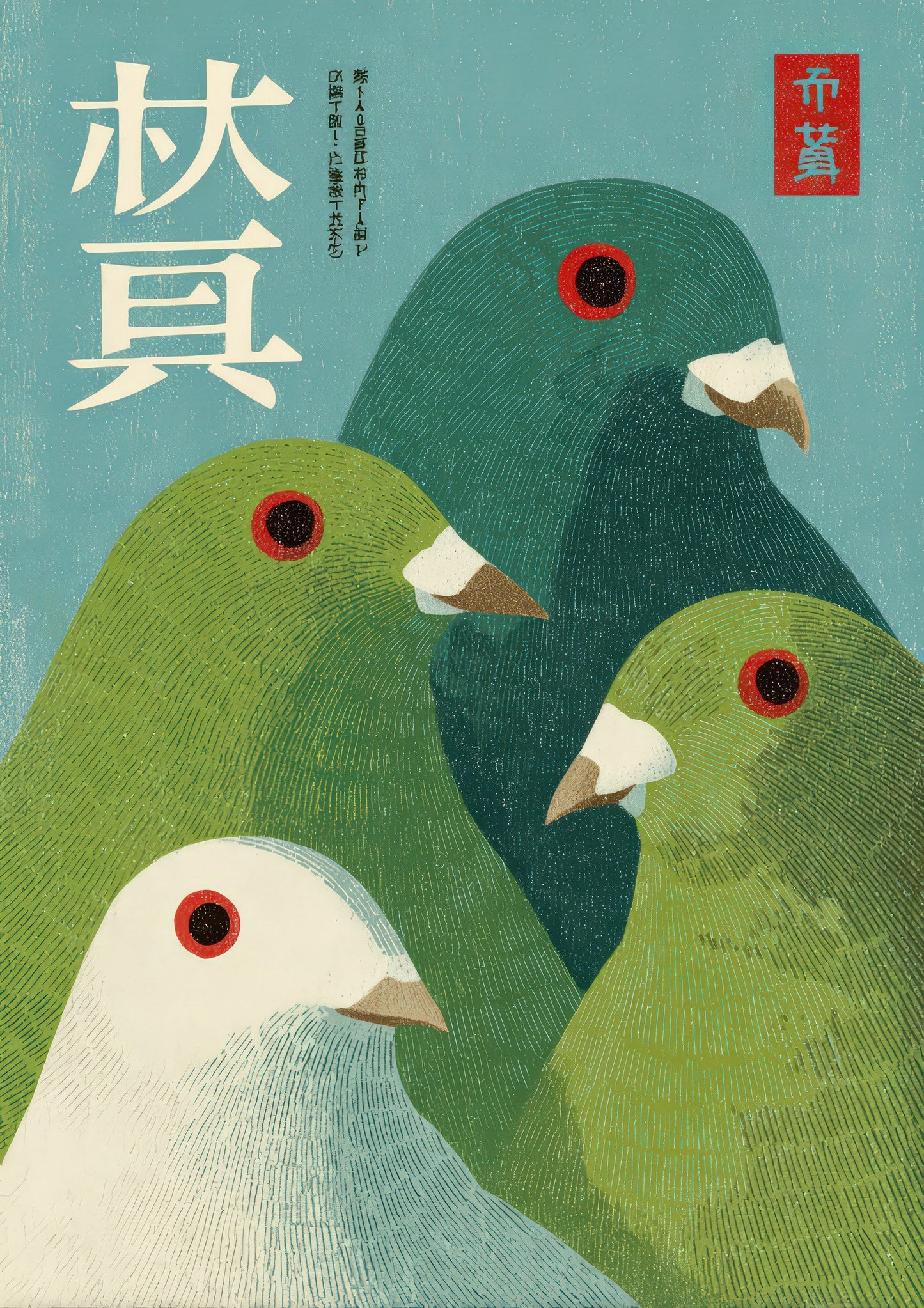 Green Doves Print, Japanese Folk Wall Art
