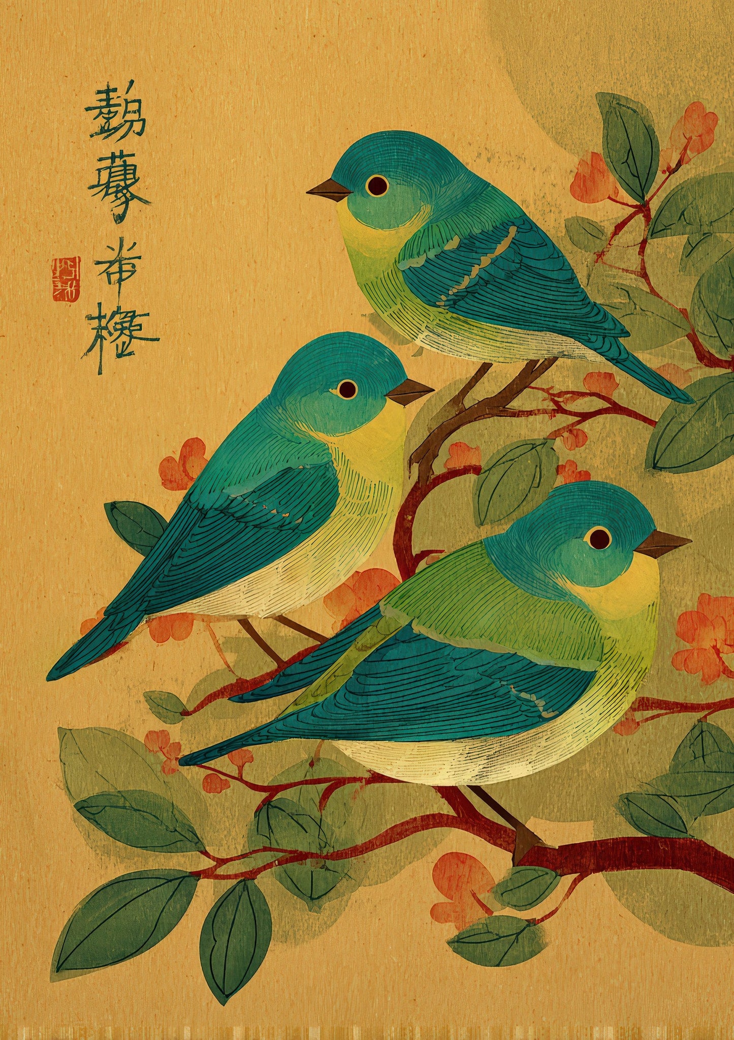Green Birds Print, Japanese Folk Wall Art