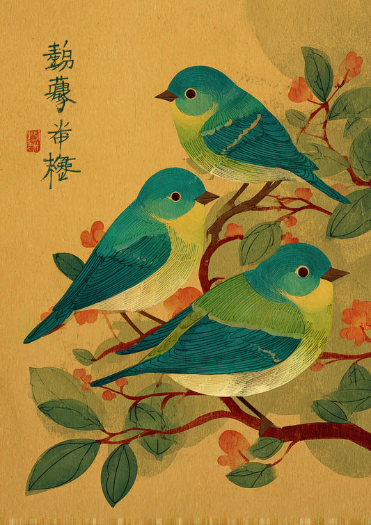 Green Birds Print, Japanese Folk Wall Art
