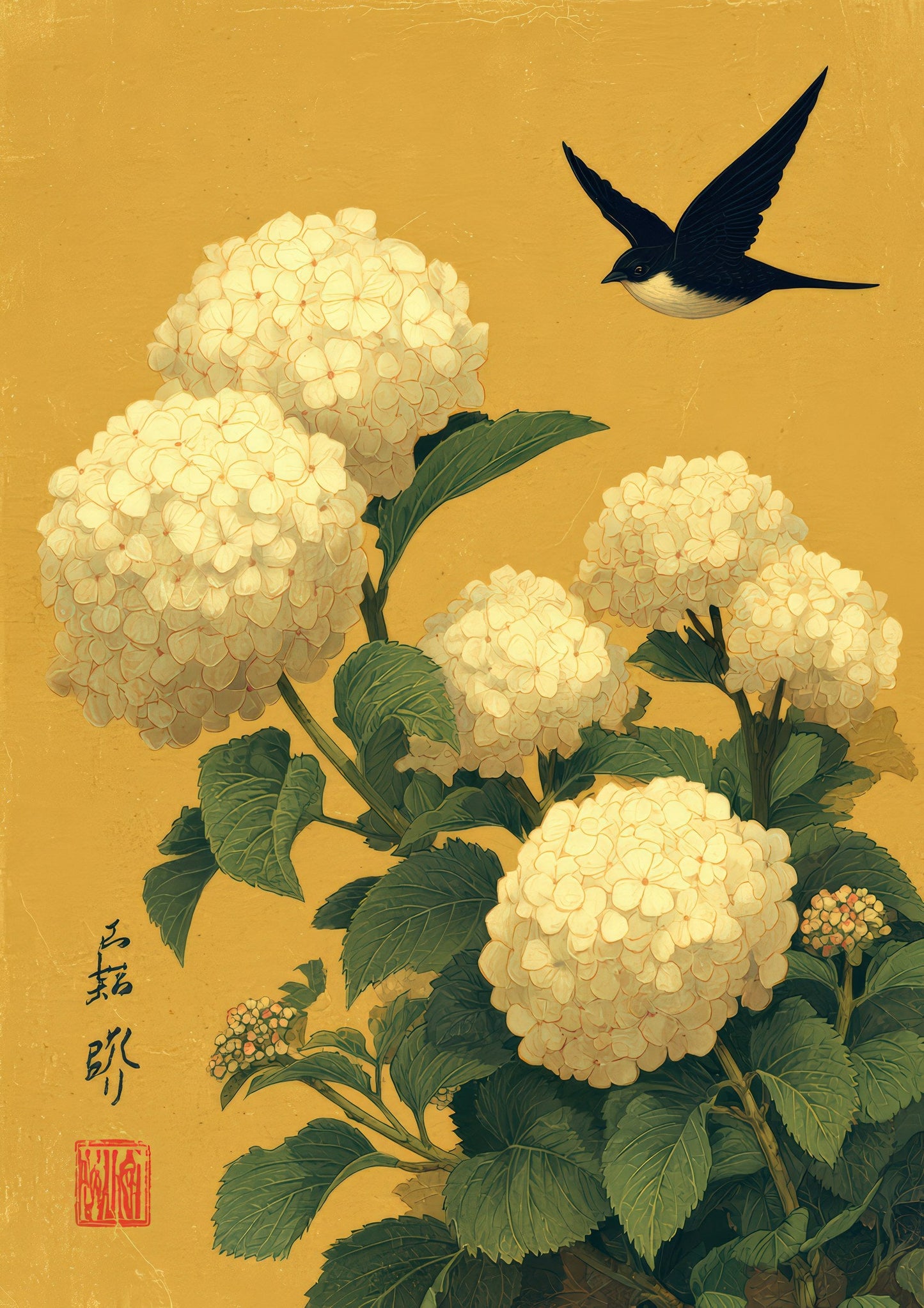 Hydrangea and Swallow Print, Japanese Botanical Wall Art