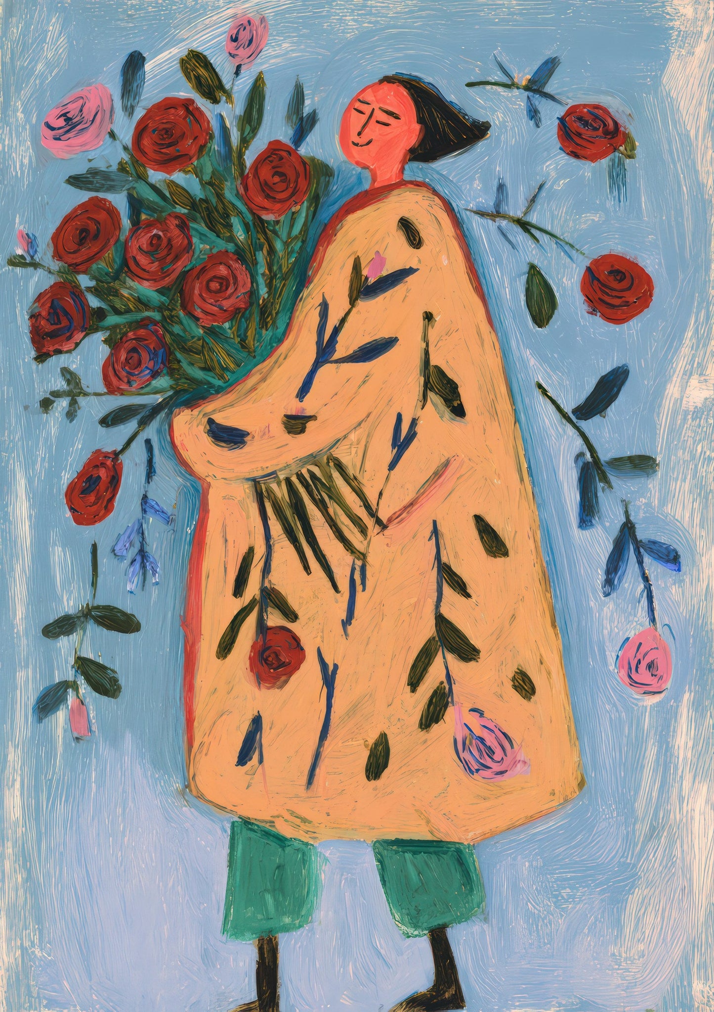 Woman in Orange Coat Print, Folk Figurative Wall Art