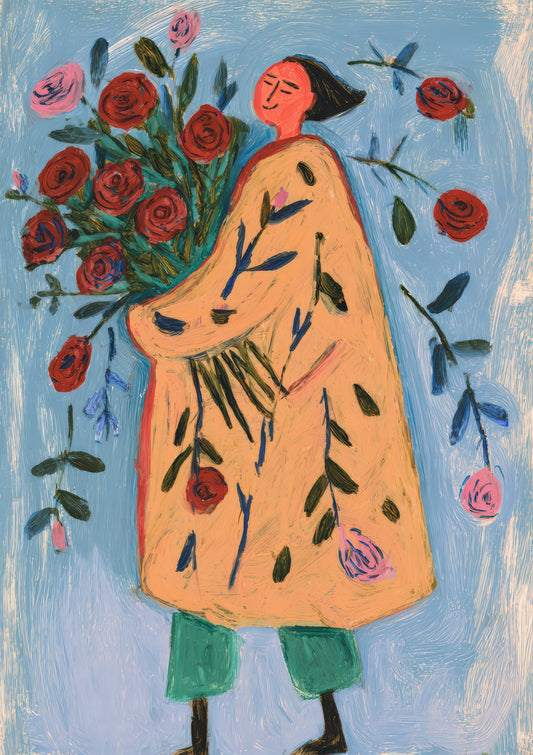 Woman in Orange Coat Print, Folk Figurative Wall Art