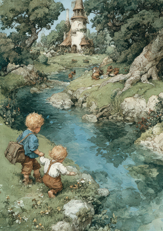 Children by a Stream Print, Storybook Wall Art