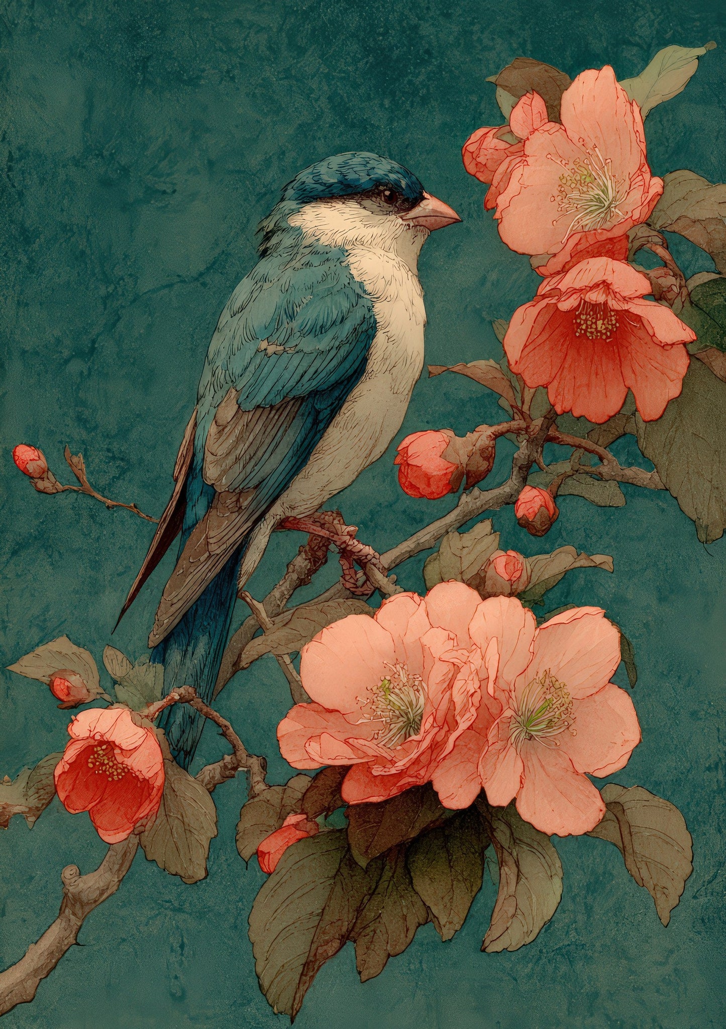 Bird and Blossom Print, Chinoiserie Wall Art