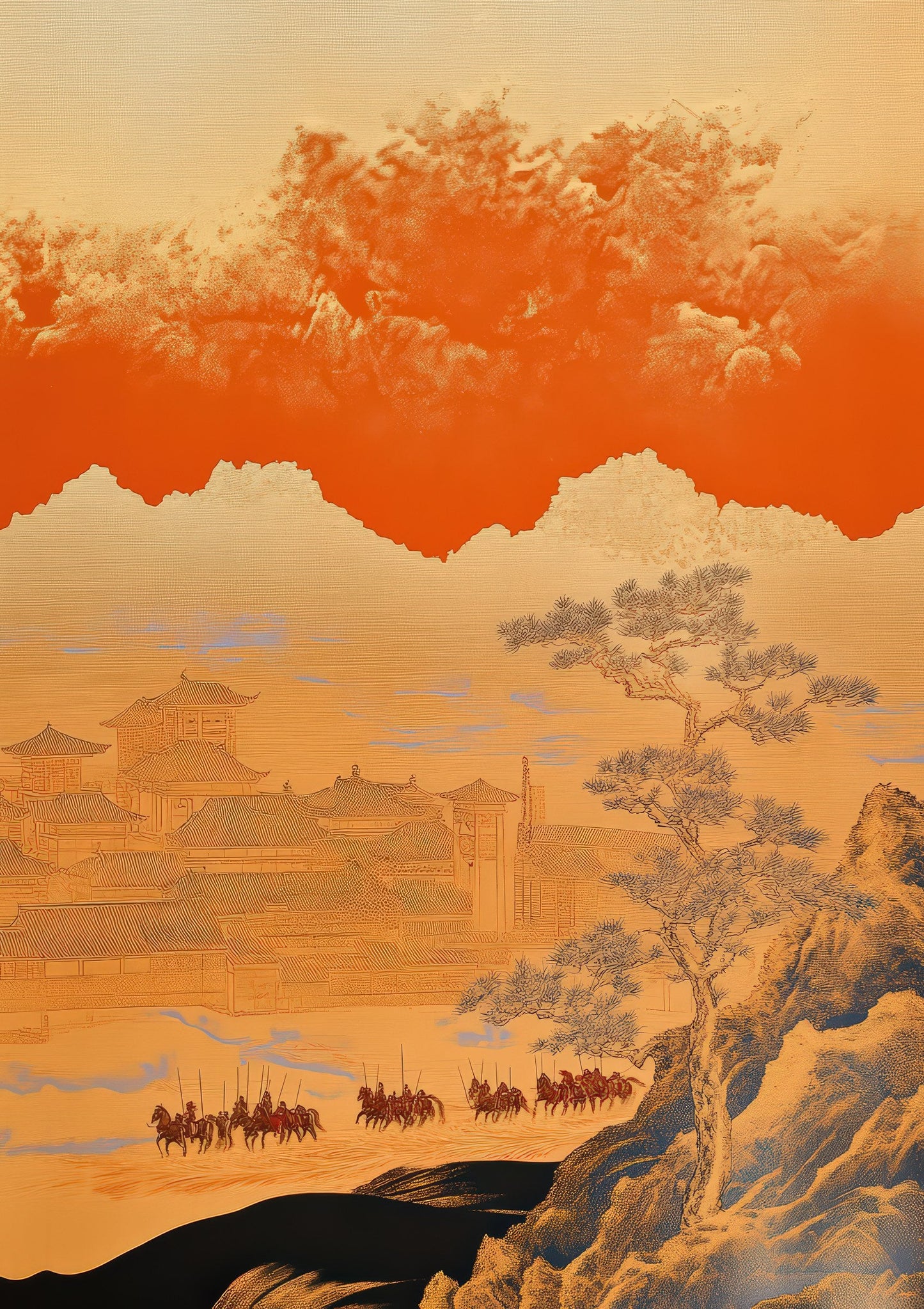 Orange Sunset Print, Minimalist Landscape Wall Art