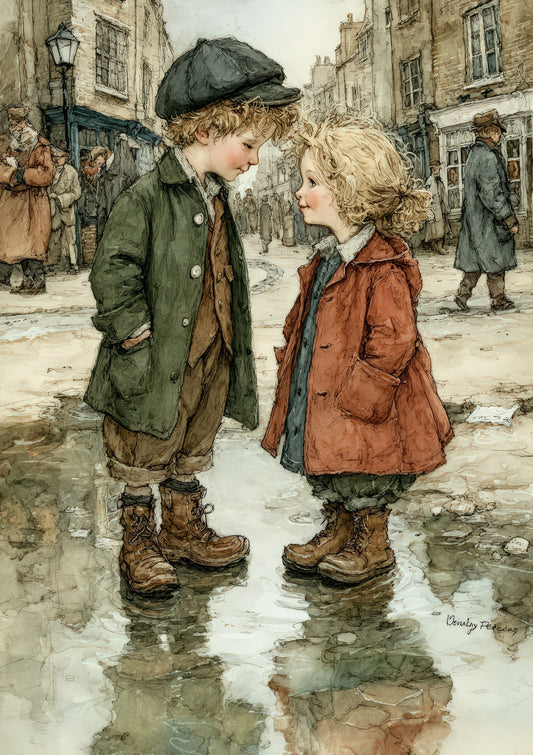 Winter Street Print, Vintage Figurative Wall Art