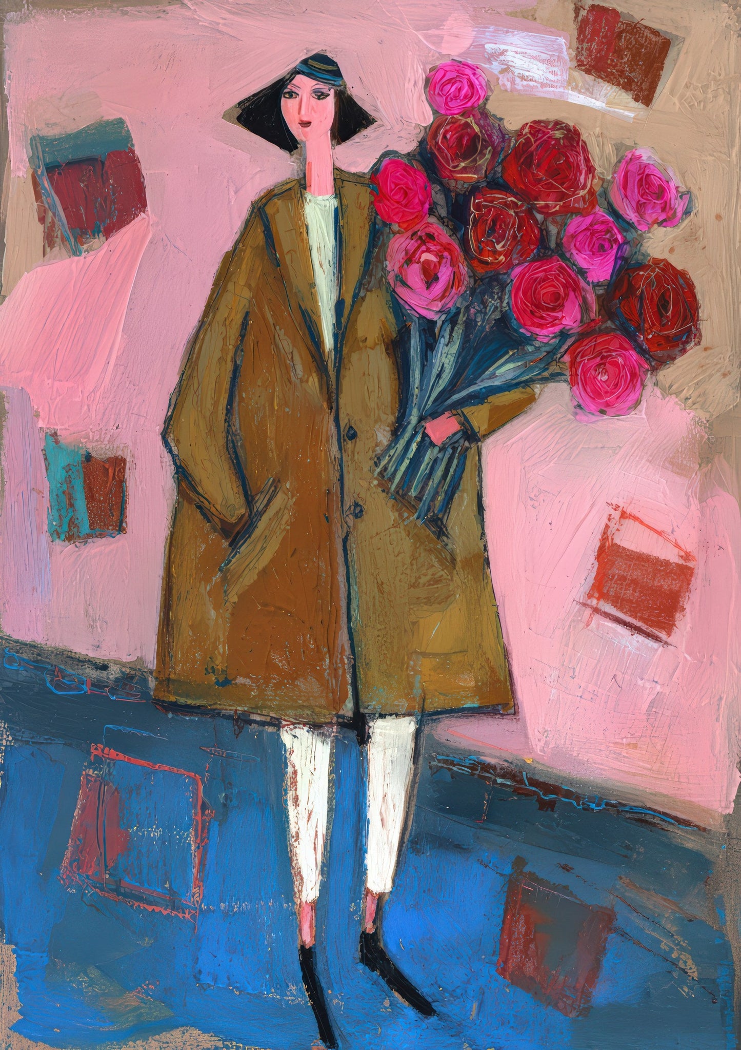 Woman with Roses Print, Folk Figurative Wall Art