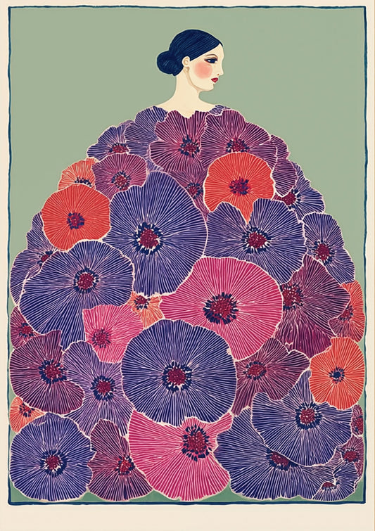 Woman in a Floral Coat Print, Folk Figurative Wall Art