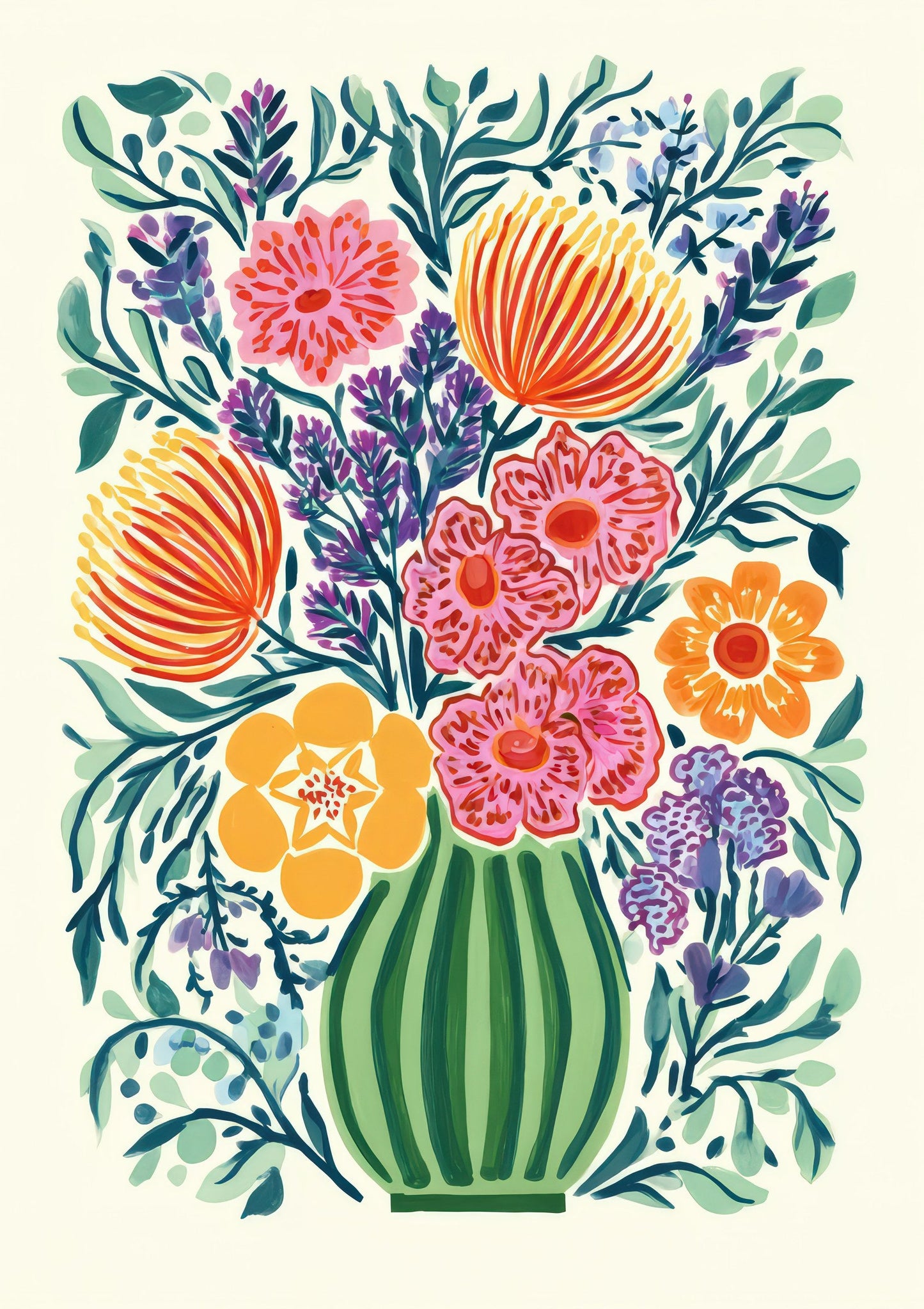 Orange Bouquet Print, Folk Floral Wall Art