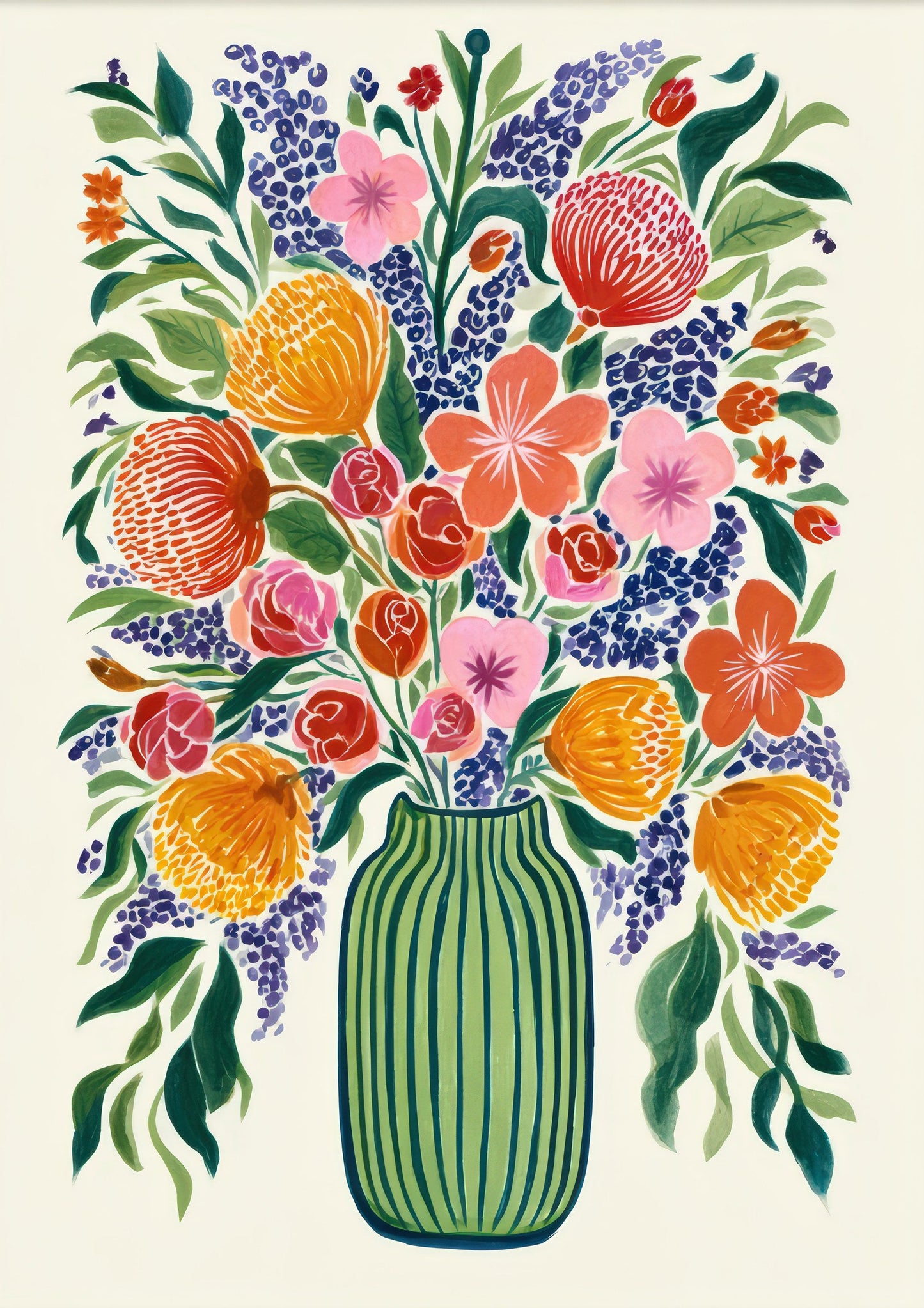 Wildflower Bouquet Print, Folk Floral Wall Art