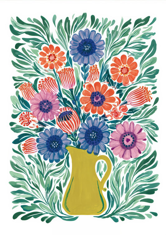 Bouquet in a Jug Print, Folk Floral Wall Art