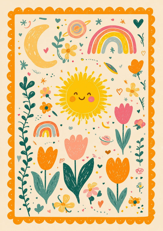 Sun and Tulips Print, Folk Nursery Wall Art