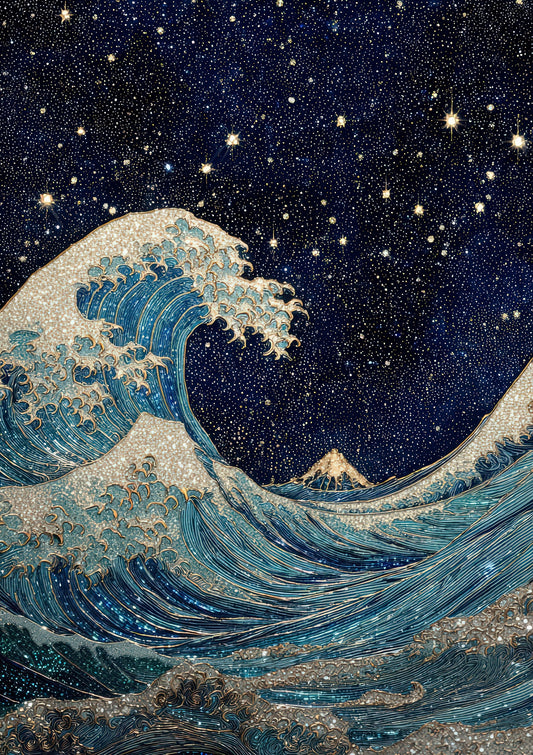Great Wave and Stars Print, Japanese Wall Art