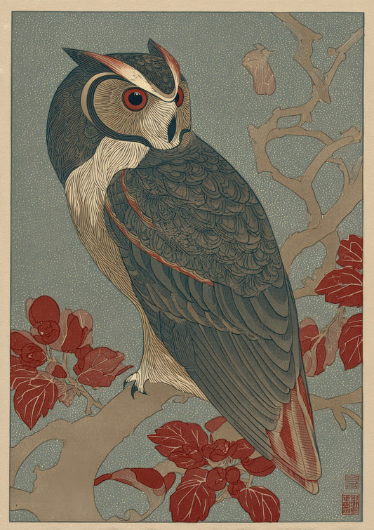 Owl on a Branch Print, Japanese Bird Wall Art