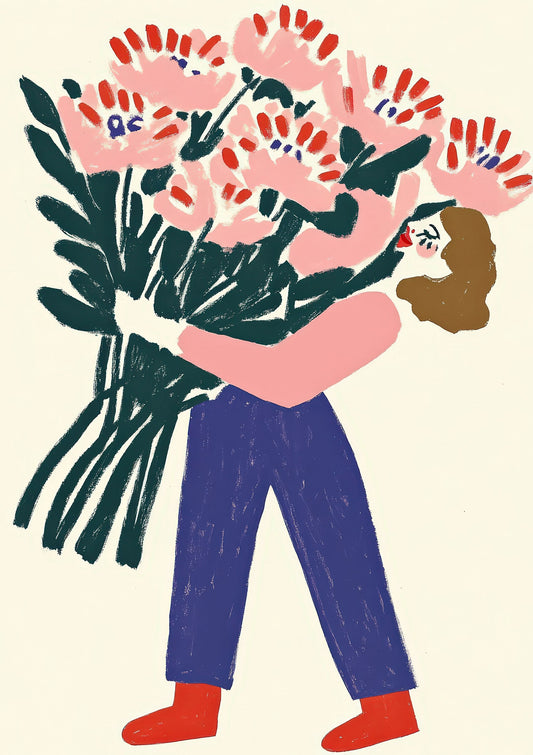 Person with a Bouquet Print, Folk Figurative Wall Art