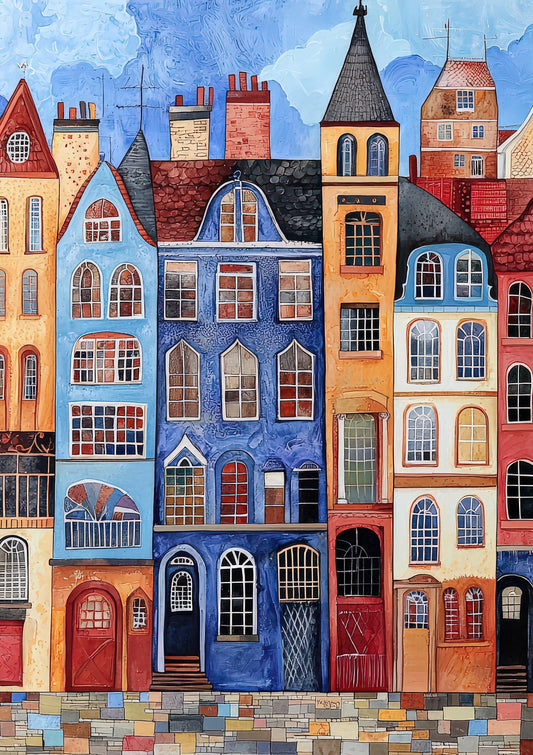 Colourful Houses Print, Folk Cityscape Wall Art