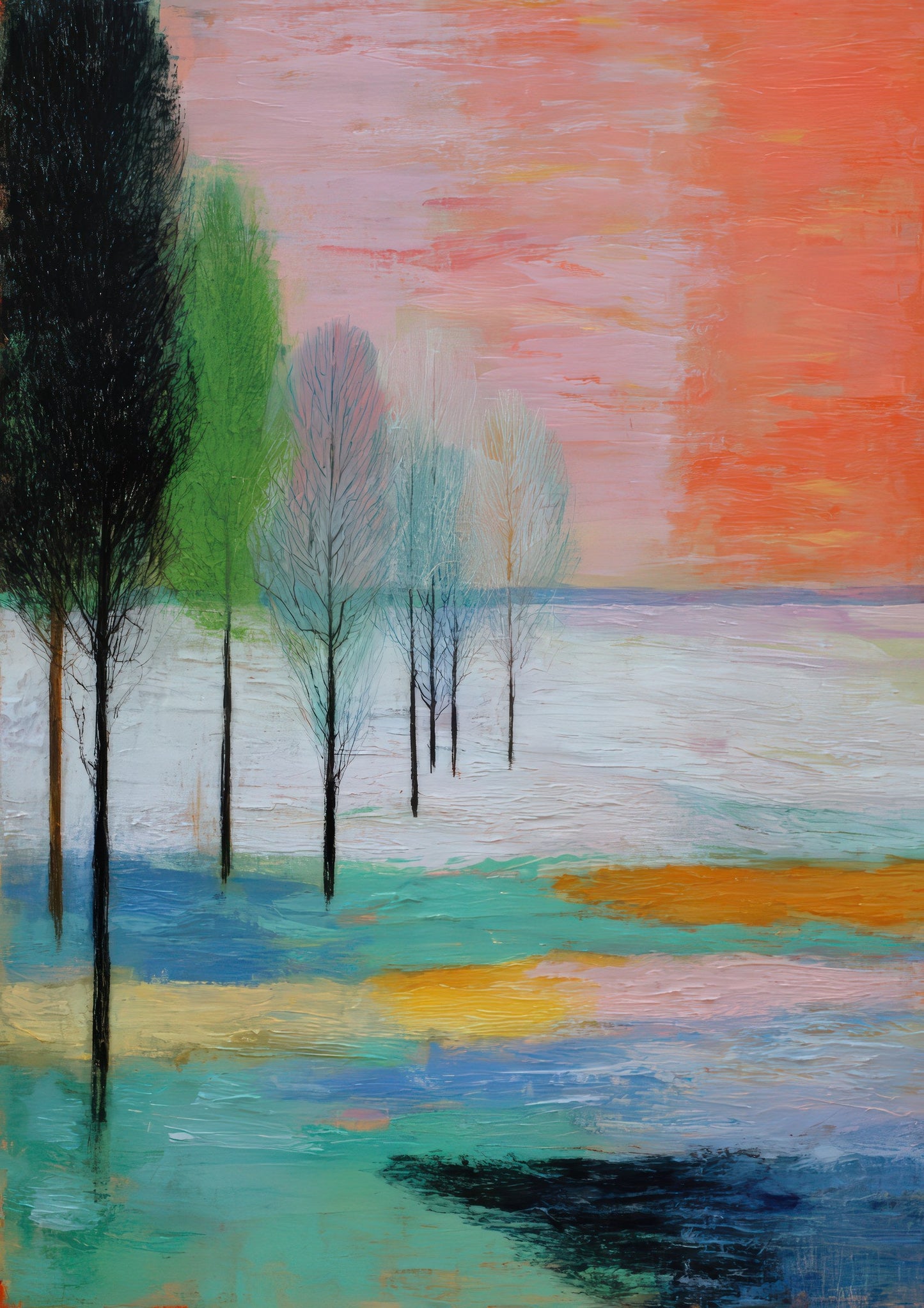Trees by Water Print, Abstract Landscape Wall Art