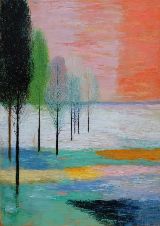 Trees by Water Print, Abstract Landscape Wall Art