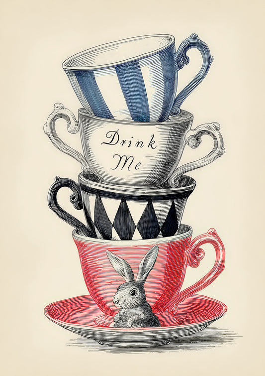 Drink Me Teacups Print, Whimsical Wall Art