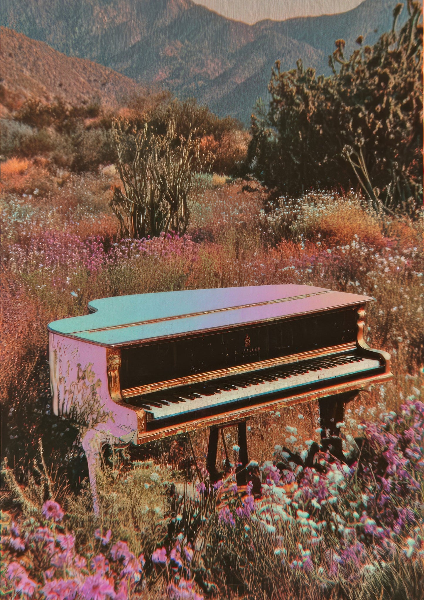 Pink Piano in a Meadow Print, Surreal Wall Art