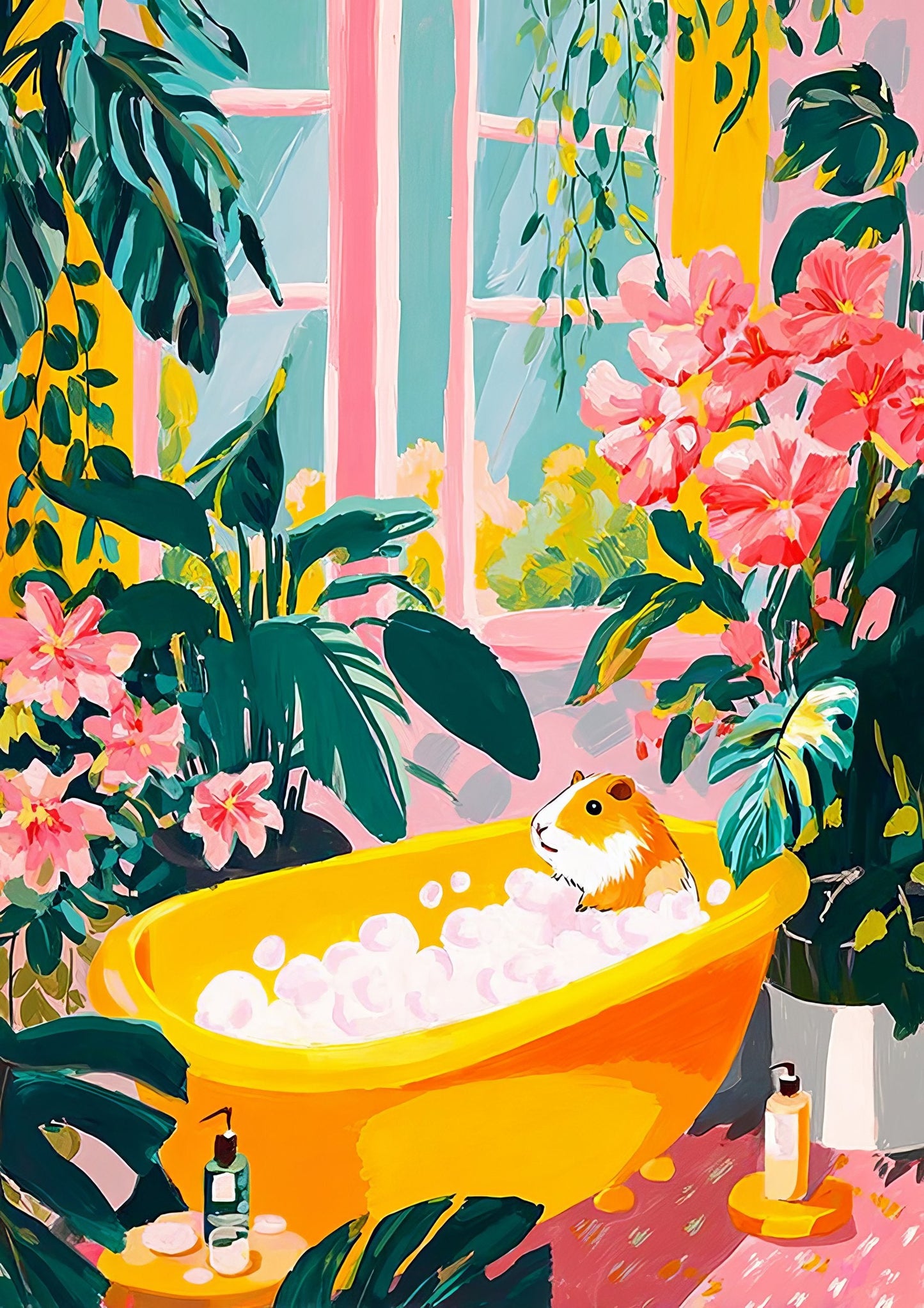 Bathtub and Plants Print, Colourful Bathroom Wall Art