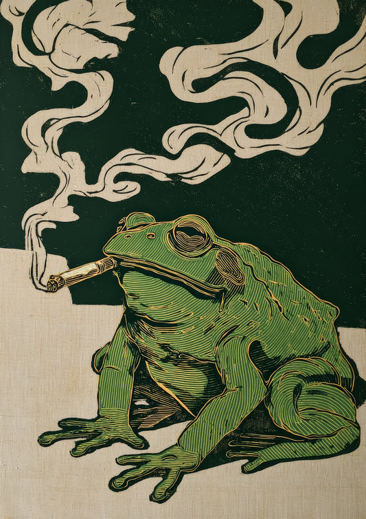 Smoking Frog Linocut Print, Folk Wall Art