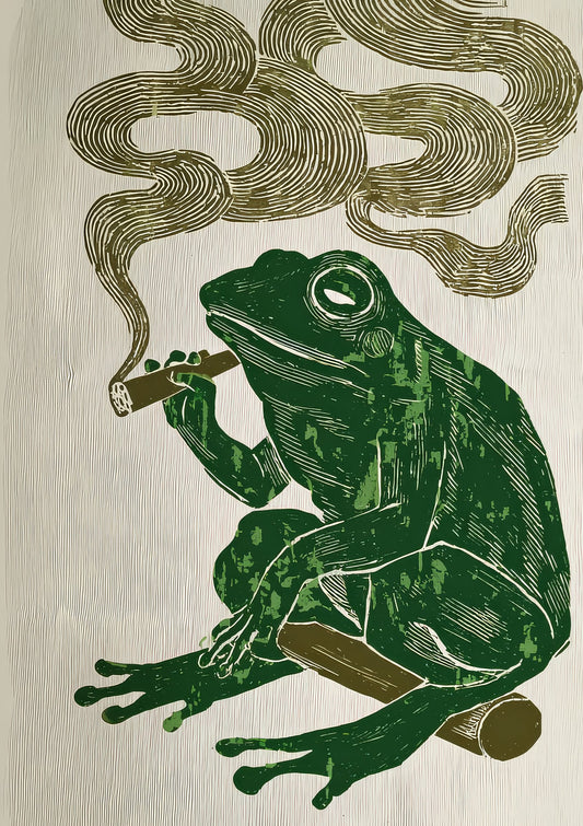 Frog Linocut Print, Green Folk Wall Art