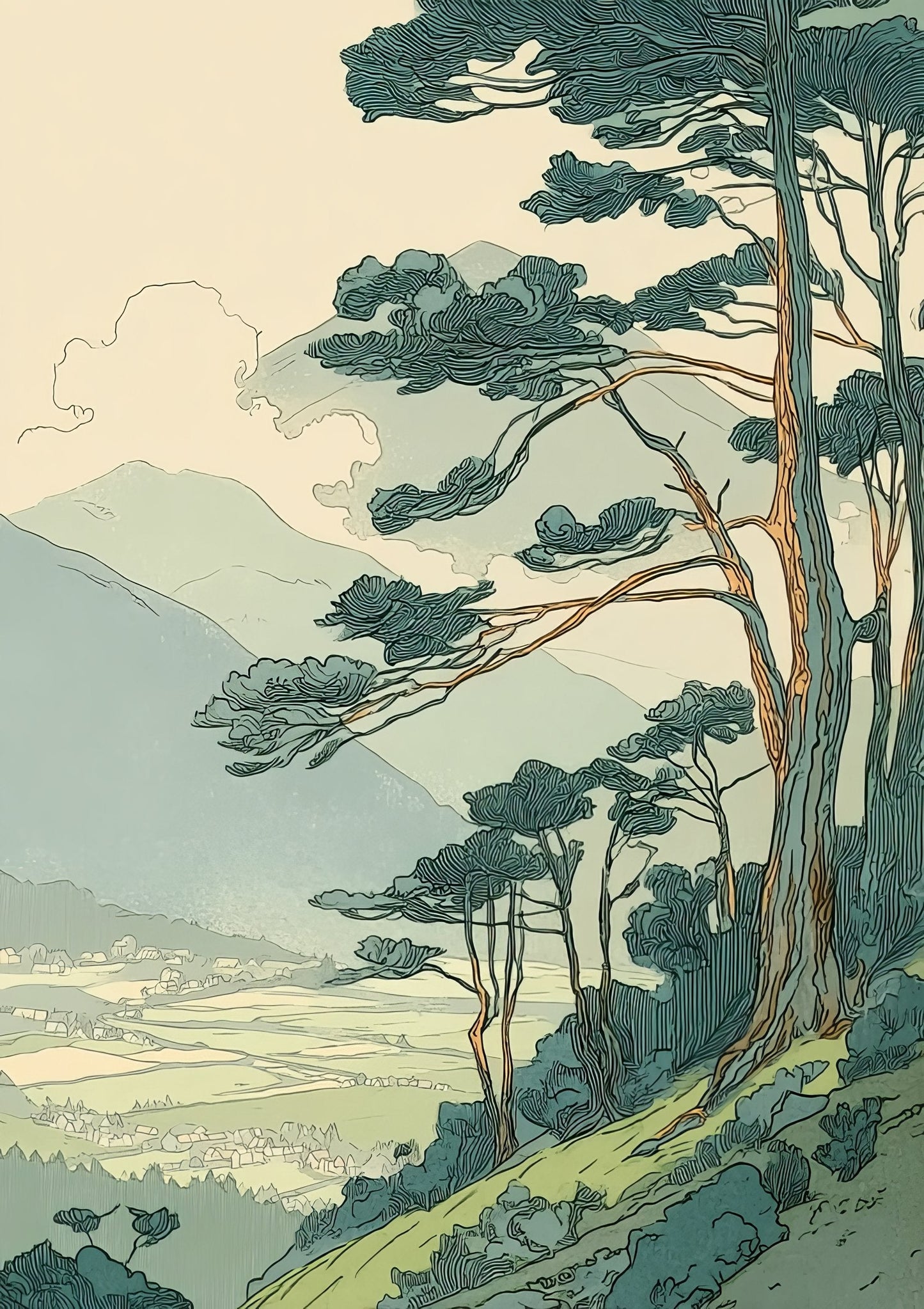 Pine Mountain Landscape Print, Japandi Wall Art