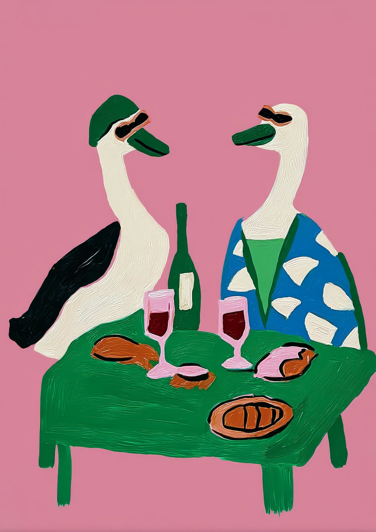 Two Geese at Supper Print, Folk Kitchen Wall Art