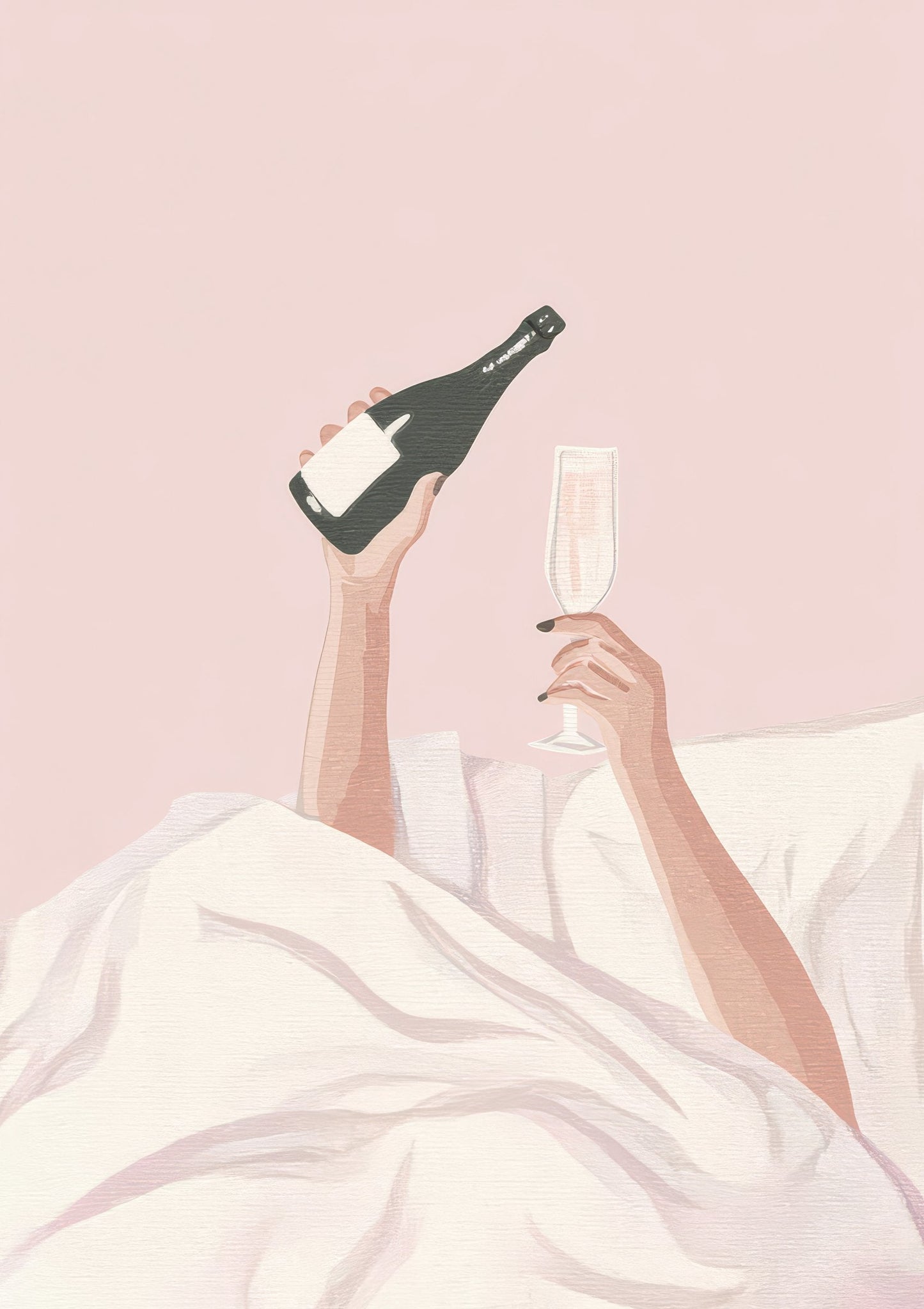 Champagne in Bed Print, Figurative Wall Art
