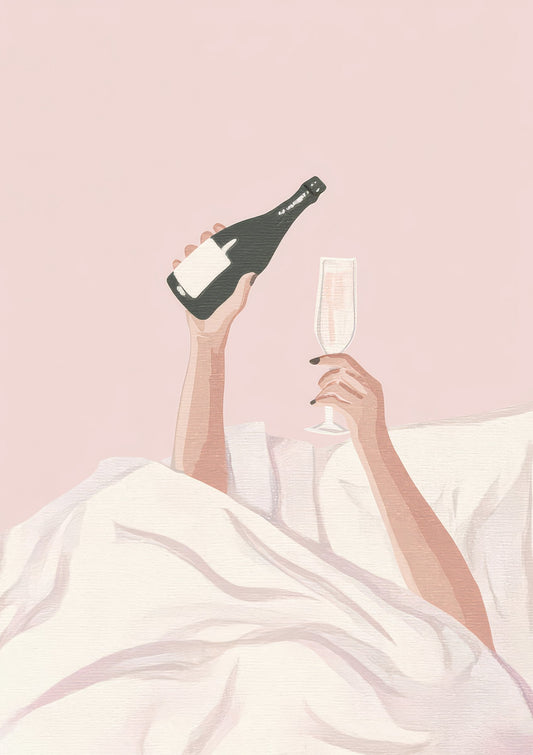 Champagne in Bed Print, Figurative Wall Art