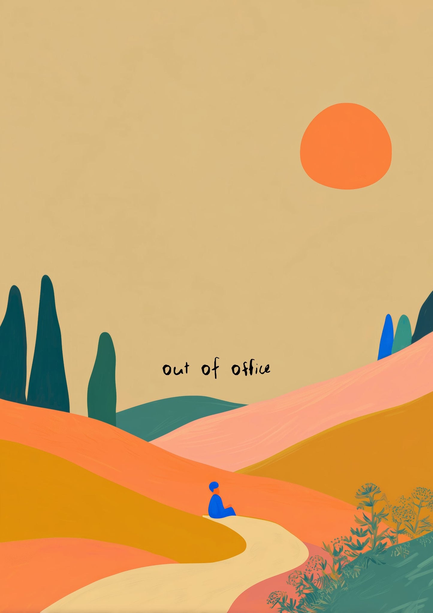 Out of Office Print, Sunset Folk Landscape Wall Art